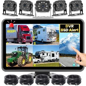 5 Wired Backup Camera System, 10.1" DVR 5-Channel HD Touch Monitor & 1080P Rear Side View Cameras, Waterproof IR Night Vision, Blind Spot Detection for Truck/RV/Trailer/Tractor/Box/Heavy Equipment in Kuwait