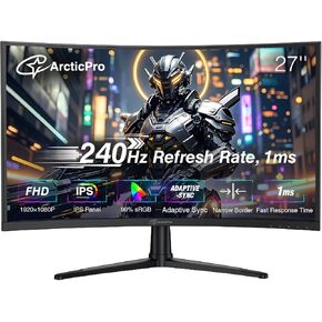 شاشة ألعاب منحنية ArcticPro مقاس 27 بوصة 240 هرتز، FHD 1080p، وقت استجابة 1 مللي ثانية، تباين 4000:1، شاشة كمبيوتر شخصي، مزامنة تكيفية، بدون إطار ثلاثي الجوانب، نحيفة للغاية، 120% sRGB، مرشح الضوء الأزرق، منافذ HDMI وDP in Kuwait