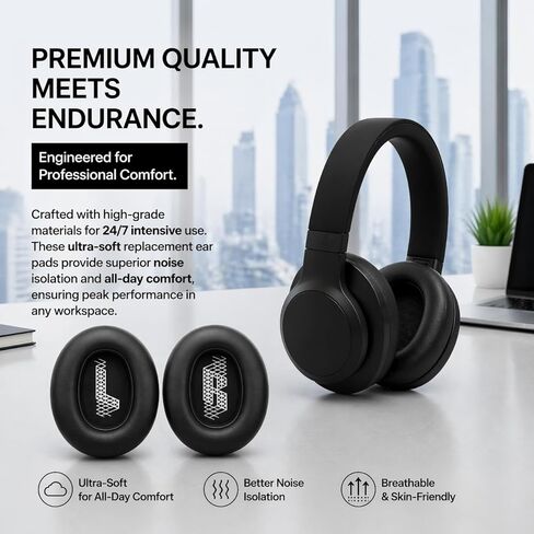 وسائد أذن بديلة لسماعات JBL E65BTNC/Live 650BTNC/Live 770NC/Live 660NC/Duet NC، وسائد سميكة للغاية، غطاء أكواب الأذن، وسادات أذن من الجلد الناعم وإسفنج الذاكرة - أسود in Kuwait