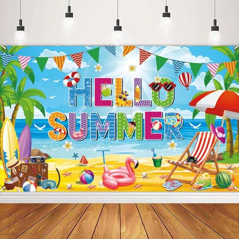 خلفية Hello Summer Beach، مقاس 72 × 44 بوصة للمدارس الكبيرة لخلفية الصيف لافتة نهاية العام الدراسي لديكورات حفلات شاطئ حمام السباحة في هاواي in Kuwait