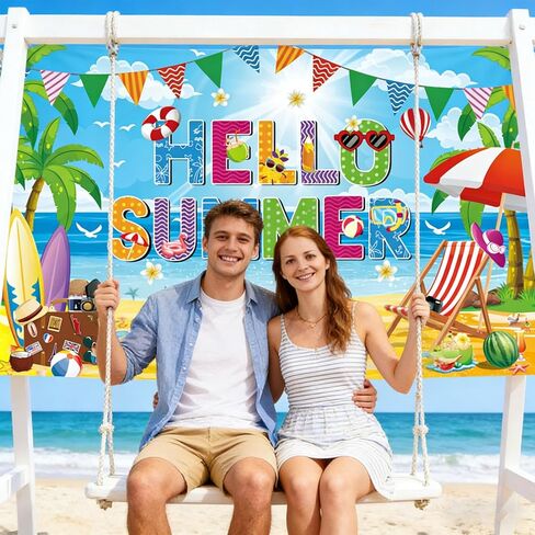 خلفية Hello Summer Beach، مقاس 72 × 44 بوصة للمدارس الكبيرة لخلفية الصيف لافتة نهاية العام الدراسي لديكورات حفلات شاطئ حمام السباحة في هاواي in Kuwait