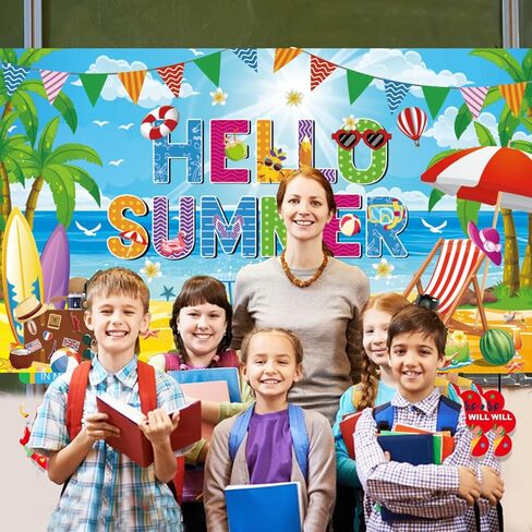 خلفية Hello Summer Beach، مقاس 72 × 44 بوصة للمدارس الكبيرة لخلفية الصيف لافتة نهاية العام الدراسي لديكورات حفلات شاطئ حمام السباحة في هاواي in Kuwait