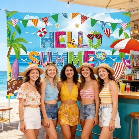 خلفية Hello Summer Beach، مقاس 72 × 44 بوصة للمدارس الكبيرة لخلفية الصيف لافتة نهاية العام الدراسي لديكورات حفلات شاطئ حمام السباحة في هاواي in Kuwait