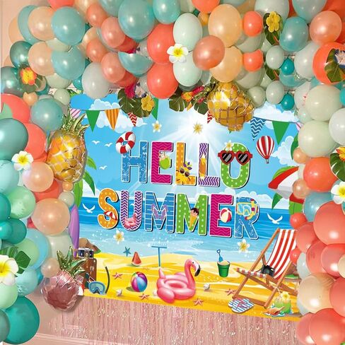 خلفية Hello Summer Beach، مقاس 72 × 44 بوصة للمدارس الكبيرة لخلفية الصيف لافتة نهاية العام الدراسي لديكورات حفلات شاطئ حمام السباحة في هاواي in Kuwait