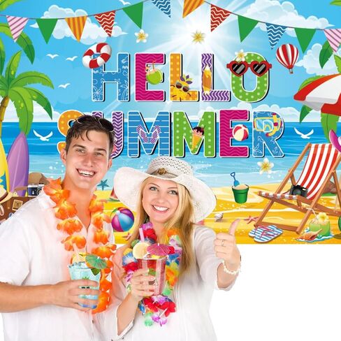 خلفية Hello Summer Beach، مقاس 72 × 44 بوصة للمدارس الكبيرة لخلفية الصيف لافتة نهاية العام الدراسي لديكورات حفلات شاطئ حمام السباحة في هاواي in Kuwait