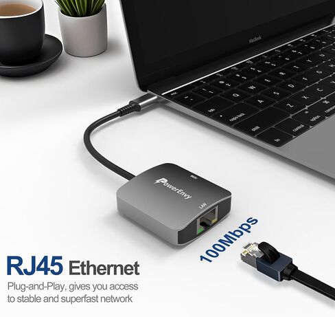 USB-C to HDMI & Ethernet Cable Hub Adapter by PowerEnvy - 4K HDMI, Ethernet 100M LAN, Aluminum Portable Type-C Hub for MacBook Pro/Air, iPad Pro, XPS, MateBook & More in Kuwait