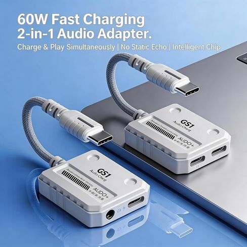 【2 في 1】 محول صوت USB-C إلى 3.5 مم، شحن سريع 60 وات PD، صوت HiFi عالي الدقة، شريحة DAC، تشغيل وشحن، زمن استجابة منخفض، متوافق مع iPhone 15، Samsung، iPad Pro، الهواتف والأجهزة اللوحية من النوع C، محمول in Kuwait