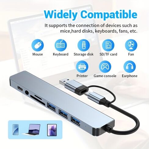 موزع USB C 8 في 1 مع قارئ بطاقات، إيثرنت، فتحات بطاقة SD/TF، ​​USB 3.0، فتحة بطاقة SD، منفذ شحن USB، لجهاز MacBook، لجهاز iPad Pro، والمزيد، محطة إرساء USB-C in Kuwait
