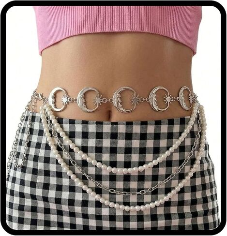 سلاسل حزام القمر Navoky Women Silver Pearl Cains Multilayer Metal Metal Accessories Exceditory for Dress in Saudi Arabia