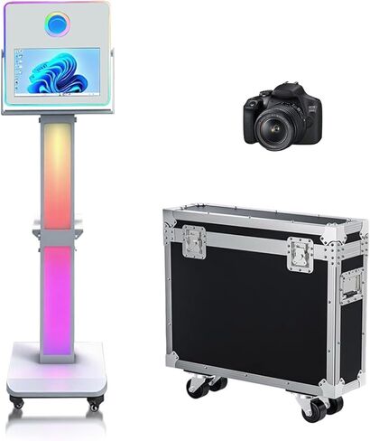 كشك صور بحجم 15.6 بوصة، كشك تصوير سيلفي محمول بشاشة تعمل باللمس مع ضوء RGB، كشك صور لمحطة المشاركة مع حقيبة طيران لمناسبات حفلات الزفاف (أسود، آلة كشك الصور) in Kuwait