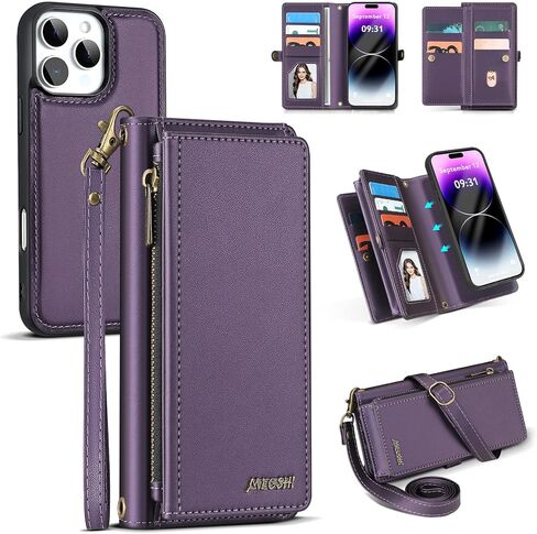 for iPhone 13 Pro Max Wallet Case, Detachable Magnetic Phone Case,Faux Leather Strap Wallet,with RFID Blocking，Zipper Card Holder，Shoulder Straps (Black) in Kuwait