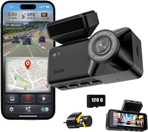 4K Front & 1080P Rear Dash Cam with 128GB Card Included, Dual Dash Camera for Cars, 170° Front 150° Rear Wide Angle, Night Vision, Loop Recording, 24H Parking Monitor (WiFi+GPS+128GB) in Kuwait