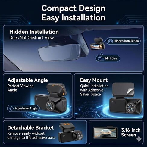 4K Front & 1080P Rear Dash Cam with 128GB Card Included, Dual Dash Camera for Cars, 170° Front 150° Rear Wide Angle, Night Vision, Loop Recording, 24H Parking Monitor (WiFi+GPS+128GB) in Saudi Arabia