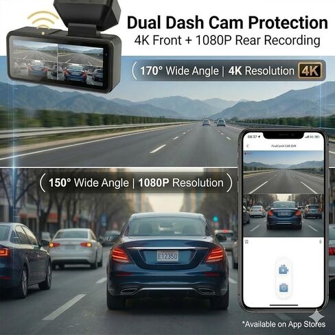 4K Front & 1080P Rear Dash Cam with 128GB Card Included, Dual Dash Camera for Cars, 170° Front 150° Rear Wide Angle, Night Vision, Loop Recording, 24H Parking Monitor (WiFi+GPS+128GB) in Kuwait