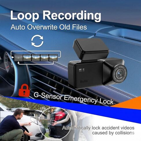 4K Front & 1080P Rear Dash Cam with 128GB Card Included, Dual Dash Camera for Cars, 170° Front 150° Rear Wide Angle, Night Vision, Loop Recording, 24H Parking Monitor (WiFi+GPS+128GB) in Kuwait