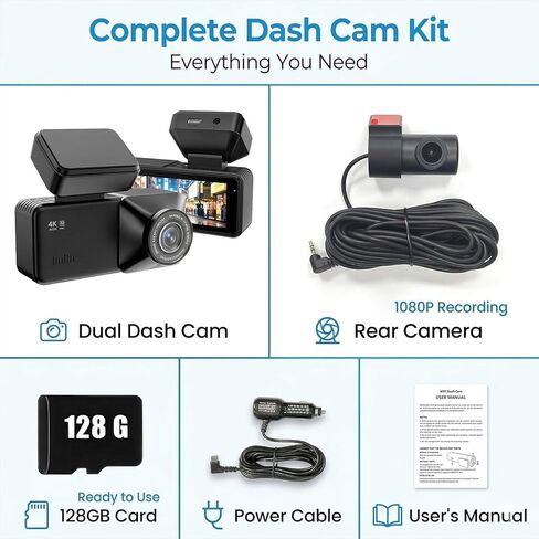 4K Front & 1080P Rear Dash Cam with 128GB Card Included, Dual Dash Camera for Cars, 170° Front 150° Rear Wide Angle, Night Vision, Loop Recording, 24H Parking Monitor (WiFi+GPS+128GB) in Kuwait