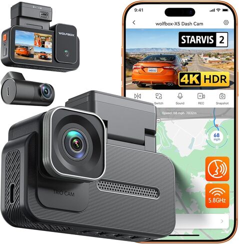 WOLFBOX X5 3 Channel 4K HDR Dash Cam, STARVIS 2 IMX678 8MP Night Vision, 4K+2.5K+1080P Front and Rear Inside Car Camera GPS, Support Voice Control,Touch Screen and 5.8GHz WiFi (Card Not Included) in Kuwait