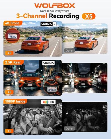 WOLFBOX X5 3 Channel 4K HDR Dash Cam, STARVIS 2 IMX678 8MP Night Vision, 4K+2.5K+1080P Front and Rear Inside Car Camera GPS, Support Voice Control,Touch Screen and 5.8GHz WiFi (Card Not Included) in Kuwait