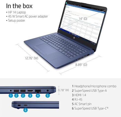 كمبيوتر محمول HP مقاس 14 بوصة باللون الأزرق الملكي - دفتر طلابي نابض بالحياة وأنيق، ذاكرة وصول عشوائي سعتها 8 جيجابايت، تخزين 1.1 تيرابايت (64 جيجابايت eMMC + 1 تيرابايت OneDrive)، متضمن Microsoft 365، معالج Intel 4-Core، Windows 11 in Kuwait