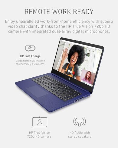 كمبيوتر محمول HP مقاس 14 بوصة باللون الأزرق الملكي - دفتر طلابي نابض بالحياة وأنيق، ذاكرة وصول عشوائي سعتها 8 جيجابايت، تخزين 1.1 تيرابايت (64 جيجابايت eMMC + 1 تيرابايت OneDrive)، متضمن Microsoft 365، معالج Intel 4-Core، Windows 11 in Kuwait