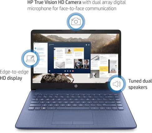 كمبيوتر محمول HP مقاس 14 بوصة باللون الأزرق الملكي - دفتر طلابي نابض بالحياة وأنيق، ذاكرة وصول عشوائي سعتها 8 جيجابايت، تخزين 1.1 تيرابايت (64 جيجابايت eMMC + 1 تيرابايت OneDrive)، متضمن Microsoft 365، معالج Intel 4-Core، Windows 11 in Kuwait
