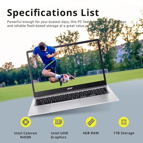 acer Chromebook 315 15.6" FHD Laptop, Intel Celeron N4500, 4GB LPDDR4 RAM, 1TB Storage (64GB eMMC + 1TB Docking Station Set), UHD Graphics, Full-Size Keyboard, Wi-Fi 6, Chrome OS, Silver in Kuwait