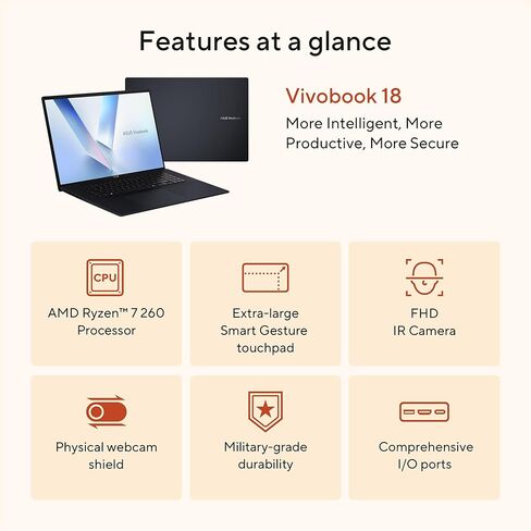 ASUS Vivobook 18 Laptop, 18" WUXGA 144Hz Display, AMD Ryzen 7 260 with XDNA NPU, AMD Radeon Graphics, 32GB RAM, 1TB SSD, Quiet Blue, M1807HA-DS79 in Kuwait
