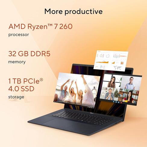 ASUS Vivobook 18 Laptop, 18" WUXGA 144Hz Display, AMD Ryzen 7 260 with XDNA NPU, AMD Radeon Graphics, 32GB RAM, 1TB SSD, Quiet Blue, M1807HA-DS79 in Kuwait
