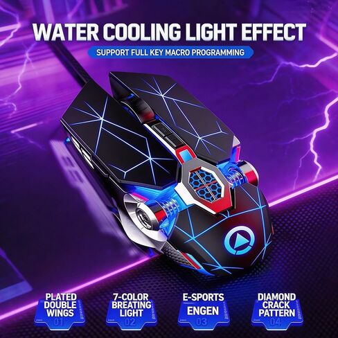 【Water Cooled Light Effect & Low Noise - USB】2026 Upgrade Edition Gaming Laptop Optical Wired Silent Mouse, Mouse Macro,DPI up to 3200,Plug and Play,Ergonomic Design,Switchable and Close Light Effects in Kuwait