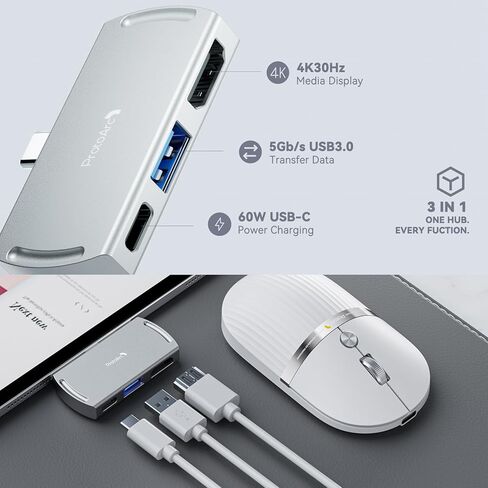 ProtoArc HubMouse, USB C Wireless Bluetooth Mouse with Built-in 3-Port Hub (PD, HDMI, USB 3.0), Multi-Device Silent Rechargeable Travel Mouse for Laptop, iPad, MacBook, Surface Pro, White in Kuwait