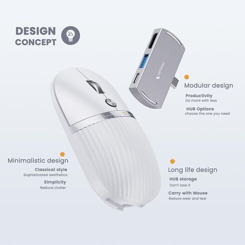 ProtoArc HubMouse, USB C Wireless Bluetooth Mouse with Built-in 3-Port Hub (PD, HDMI, USB 3.0), Multi-Device Silent Rechargeable Travel Mouse for Laptop, iPad, MacBook, Surface Pro, White in Kuwait