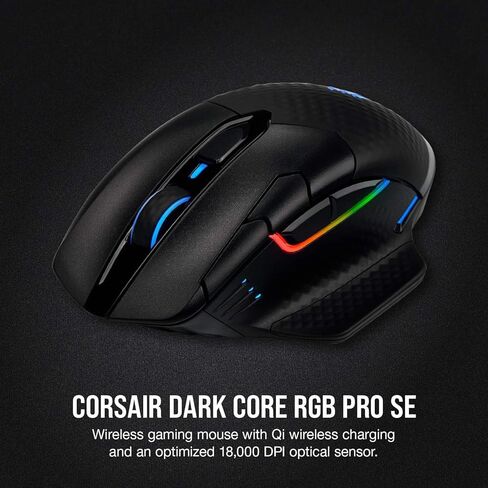 ماوس الألعاب Corsair Dark CORE RGB PRO SE اللاسلكي FPS/MOBA مع شحن Qi - 18000 نقطة في البوصة - 8 أزرار قابلة للبرمجة - لاسلكي فرعي 1 مللي ثانية - متوافق مع iCUE - الكمبيوتر الشخصي، Mac، PS5، PS4، Xbox - أسود in Kuwait