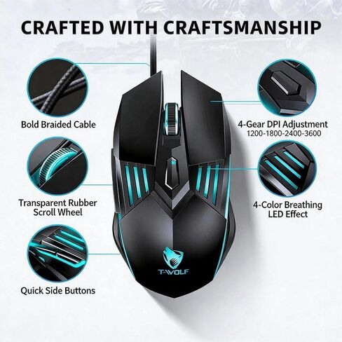 【 2026 Upgraded - 53 inch Cable Length 】2026 Upgrade Edition High Performance Mechanical Mouse for Wired Gaming-3600 DPI Optical Sensor-Easy USB Connection-Precise Control - built-in anti Slip Roller in Kuwait