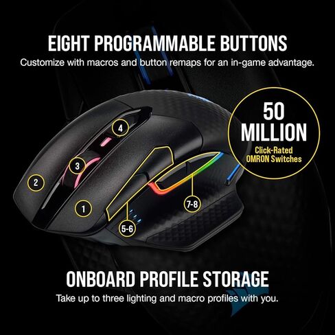 ماوس الألعاب Corsair Dark CORE RGB PRO SE اللاسلكي FPS/MOBA مع شحن Qi - 18000 نقطة في البوصة - 8 أزرار قابلة للبرمجة - لاسلكي فرعي 1 مللي ثانية - متوافق مع iCUE - الكمبيوتر الشخصي، Mac، PS5، PS4، Xbox - أسود in Kuwait