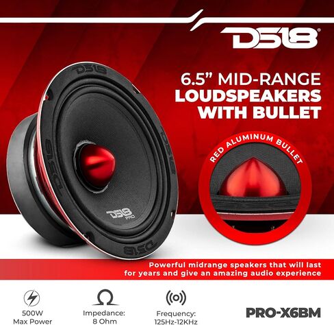 DS18 PRO-X6BM Loudspeaker - 6.5", Midrange, Red Aluminum Bullet, 500W Max, 250W RMS, 8 Ohms - Premium Quality Audio Door Speakers for Car or Truck Stereo Sound System - 2 Speakers in Kuwait