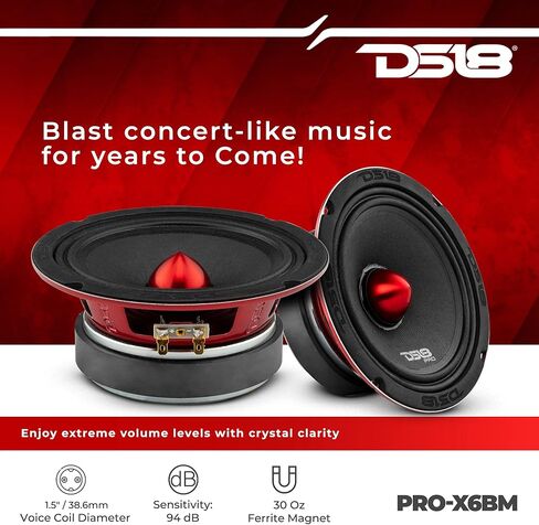 DS18 PRO-X6BM Loudspeaker - 6.5", Midrange, Red Aluminum Bullet, 500W Max, 250W RMS, 8 Ohms - Premium Quality Audio Door Speakers for Car or Truck Stereo Sound System - 2 Speakers in Kuwait