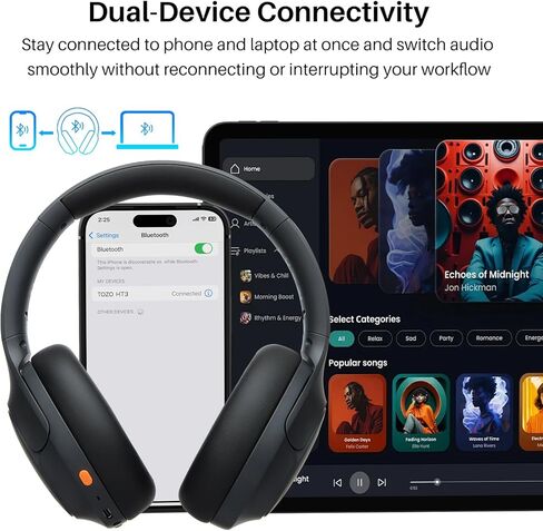 TOZO HT3 Hybrid Noise Cancelling Headphones, 90H Playtime Wireless Over Ear Bluetooth Headset, 3.5mm Aux Cable, Audio Cable Cords in Kuwait