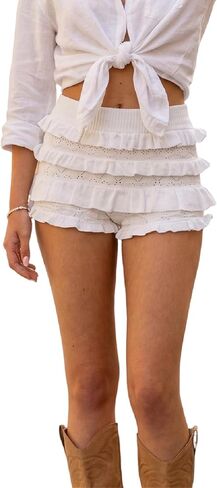 Women Hollow Out Crochet Knit Shorts Ruffled Layered Pleated Tiered Summer Fall Beach Music Festival Shorts in Saudi Arabia