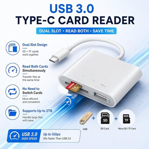 محول بطاقة USB 3.0 من النوع C SD/TF، ​​قارئ ذو فتحة مزدوجة بسرعة 5 جيجابت في الثانية، التوصيل والتشغيل لأجهزة MacBook وiPhone 15/16 وiPad Pro وSamsung Galaxy والكمبيوتر المحمول (أبيض قطعة واحدة) in Kuwait