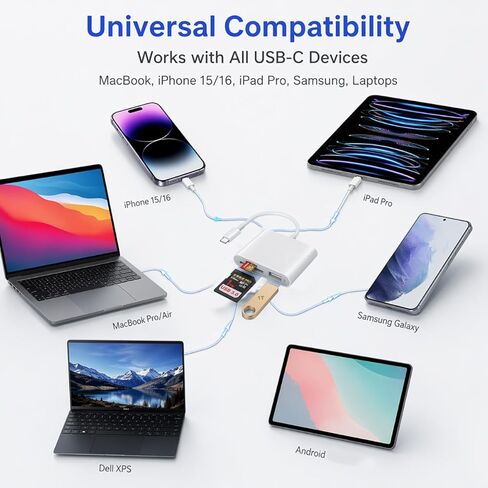 محول بطاقة USB 3.0 من النوع C SD/TF، ​​قارئ ذو فتحة مزدوجة بسرعة 5 جيجابت في الثانية، التوصيل والتشغيل لأجهزة MacBook وiPhone 15/16 وiPad Pro وSamsung Galaxy والكمبيوتر المحمول (أبيض قطعة واحدة) in Kuwait