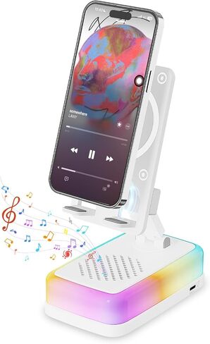 Wireless Induction Speaker with 180° Flexible Phone Stand, Bluetooth 5.3 Speaker for Desk with 3000mAh Emergency Power Bank, 5 in 1 Phone Speaker Amplifier with RGB Light, Gift for Men Women (Black) in Kuwait