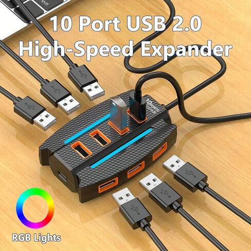 1 قطعة محور USB 2.0 عالي السرعة 10 منافذ مع أضواء RGB، مقسم متعدد الأجهزة ونقل البيانات، التوصيل والتشغيل، أقصى جهد تشغيل 36 فولت، لملحقات الكمبيوتر in Kuwait