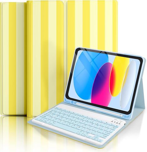 مع لوحة مفاتيح بلوتوث لجهاز iPad الجيل العاشر 10.9 بوصة (2022)، حافظة (A16) الجيل الحادي عشر / العاشر 11 بوصة (2025) مع إضاءة خلفية 7 ألوان، تصميم أنيق مخطط وجذاب مع حامل قلم رصاص - أحمر وردي in Kuwait