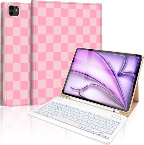 حافظة لجهاز iPad Air 13 بوصة (M4/M3/M2-2026/2025/2024) مع لوحة مفاتيح، غطاء لوحة مفاتيح لاسلكية مع حامل قلم لجهاز iPad Pro 12.9 بوصة 6th/5th/4th/3rd، بني منقوش مربعات-أبيض in Kuwait