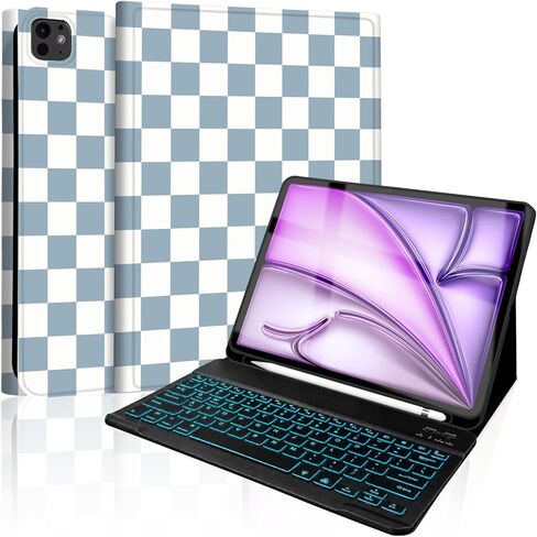 حافظة لجهاز iPad Air 13 بوصة (M4/M3/M2-2026/2025/2024) مع لوحة مفاتيح، غطاء لوحة مفاتيح لاسلكية مع حامل قلم لجهاز iPad Pro 12.9 بوصة 6th/5th/4th/3rd، بني منقوش مربعات-أبيض in Kuwait