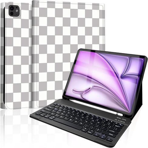 حافظة لجهاز iPad Air 13 بوصة (M4/M3/M2-2026/2025/2024) مع لوحة مفاتيح، غطاء لوحة مفاتيح لاسلكية مع حامل قلم لجهاز iPad Pro 12.9 بوصة 6th/5th/4th/3rd، بني منقوش مربعات-أبيض in Kuwait