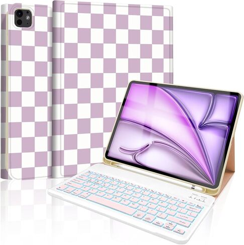 حافظة لجهاز iPad Air 13 بوصة (M4/M3/M2-2026/2025/2024) مع لوحة مفاتيح، غطاء لوحة مفاتيح لاسلكية مع حامل قلم لجهاز iPad Pro 12.9 بوصة 6th/5th/4th/3rd، بني منقوش مربعات-أبيض in Kuwait