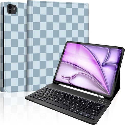 حافظة لجهاز iPad Air 13 بوصة (M4/M3/M2-2026/2025/2024) مع لوحة مفاتيح، غطاء لوحة مفاتيح لاسلكية مع حامل قلم لجهاز iPad Pro 12.9 بوصة 6th/5th/4th/3rd، بني منقوش مربعات-أبيض in Kuwait
