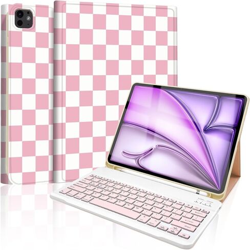 حافظة لجهاز iPad Air 13 بوصة (M4/M3/M2-2026/2025/2024) مع لوحة مفاتيح، غطاء لوحة مفاتيح لاسلكية مع حامل قلم لجهاز iPad Pro 12.9 بوصة 6th/5th/4th/3rd، بني منقوش مربعات-أبيض in Kuwait