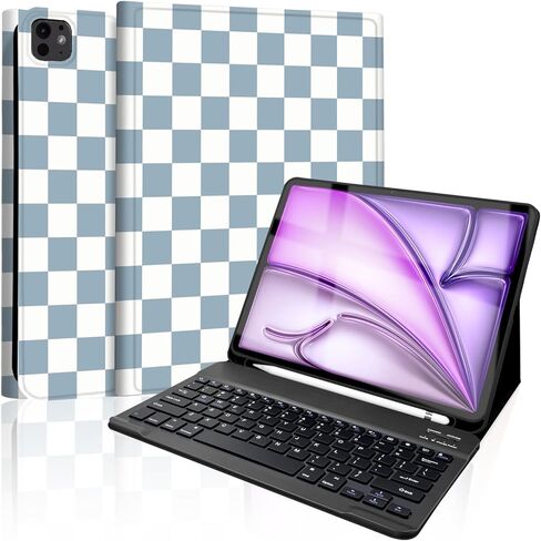 حافظة لجهاز iPad Air 13 بوصة (M4/M3/M2-2026/2025/2024) مع لوحة مفاتيح، غطاء لوحة مفاتيح لاسلكية مع حامل قلم لجهاز iPad Pro 12.9 بوصة 6th/5th/4th/3rd، بني منقوش مربعات-أبيض in Kuwait